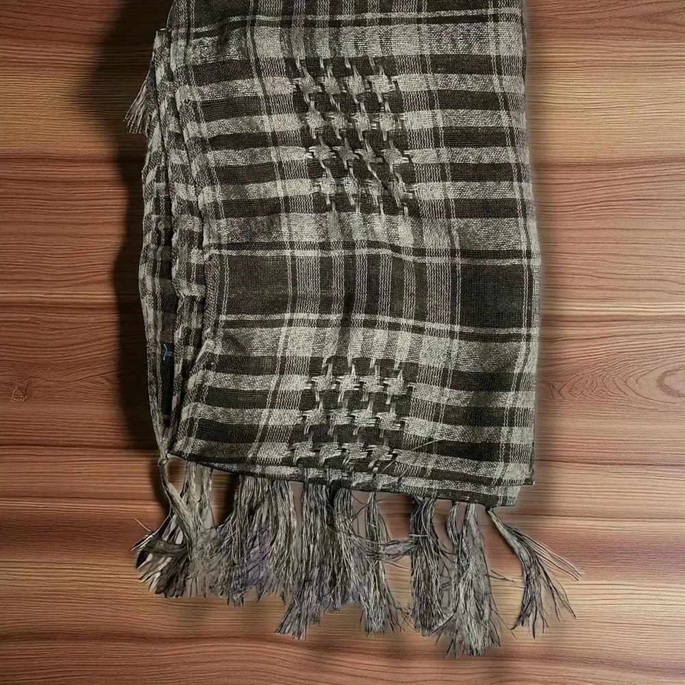Black Gray Plaid Fringe Scarf Neck Wrap Headscarf Headband NEW